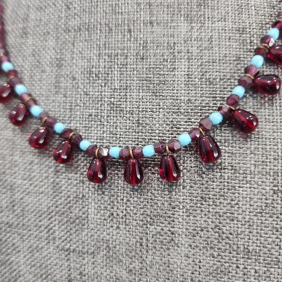 Vintage Gerard Yosca 16" Beaded Necklace Red Glass Teardrops & Turquoise Accent - Picture 8 of 9